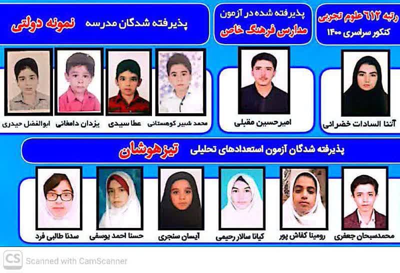 پذیرفته  شدگان  دانش آموزان مجتمع دخترانه وپسرانه دانش پژوهان درتیزهوشان ونمونه دولتی